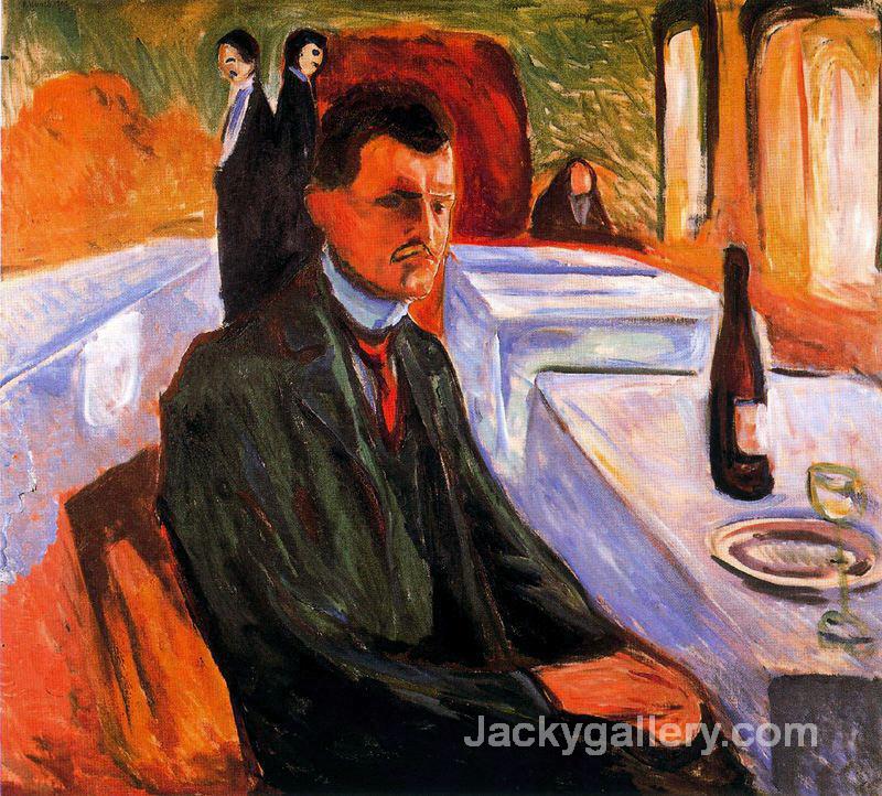 Self-portrait with bottle of wine by Edvard Munch paintings reproduction